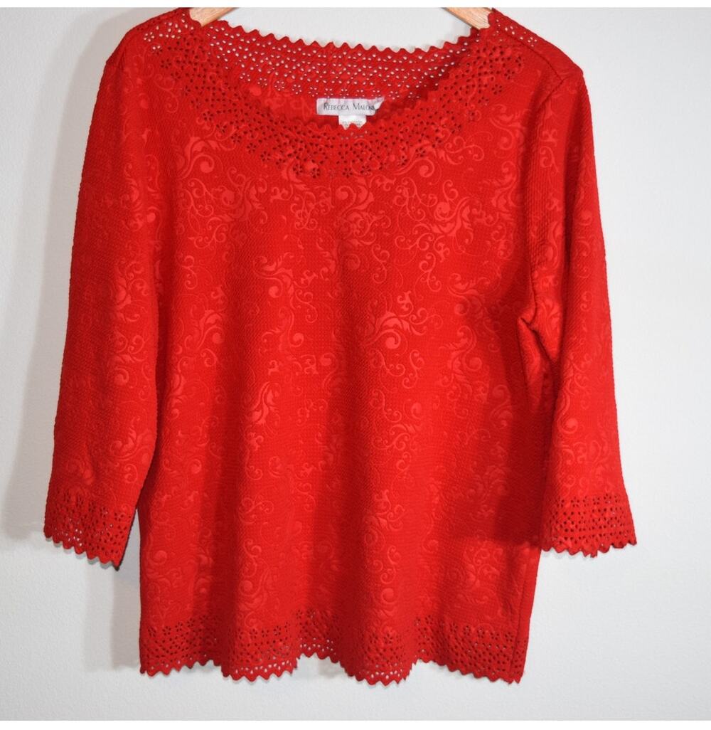 Rebecca Malone Women’s Red Textured/Open Hole Design on Hem Collar Blouse - Sz L